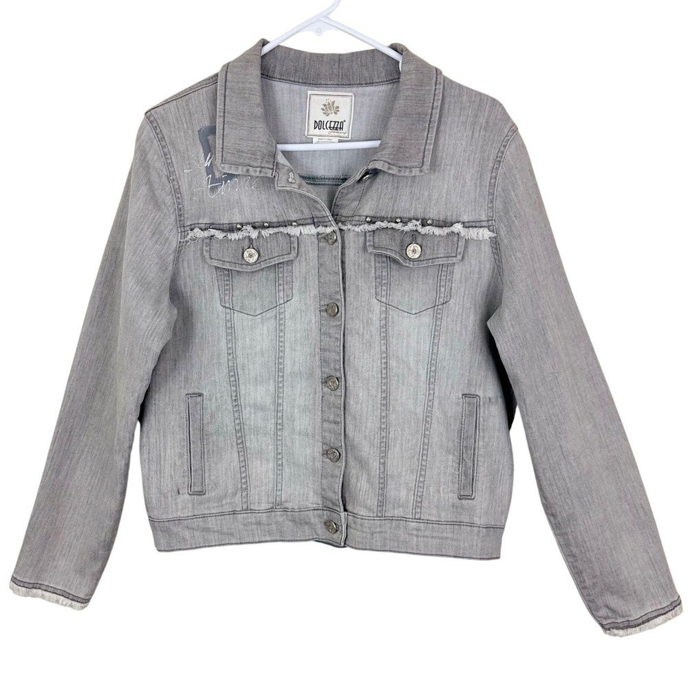 Dolcezza Jeans Gray Denim Jacket Studded Distressed Raw Hem‎ Graphic Edgy City M